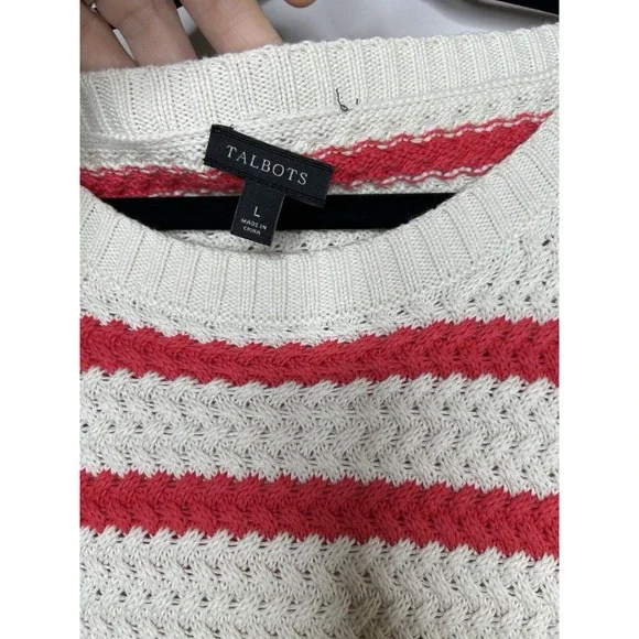 Talbots Pink White Stripes Crew Neck Sweater Top Long Sleeves Size Large - Picture 3 of 9
